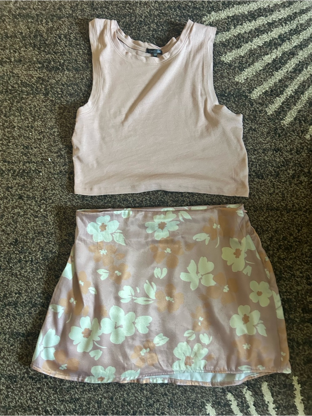 Pink Crop Tank with Floral Satin Mini Skirt Set